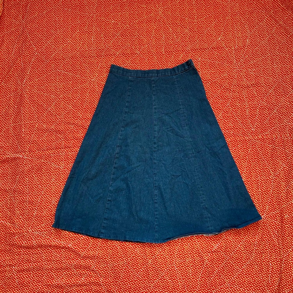 Vintage Dark Wash Denim A-Line Midi Skirt Blue High Waisted Boho Twee